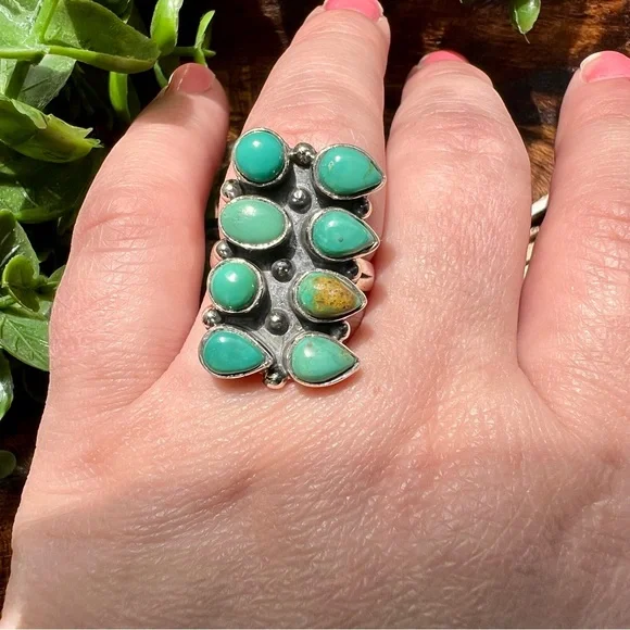 925 Sterling Silver Kingman Turquoise Rectangle Cluster Ring Sz 8 • Southwestern - Picture 5 of 10